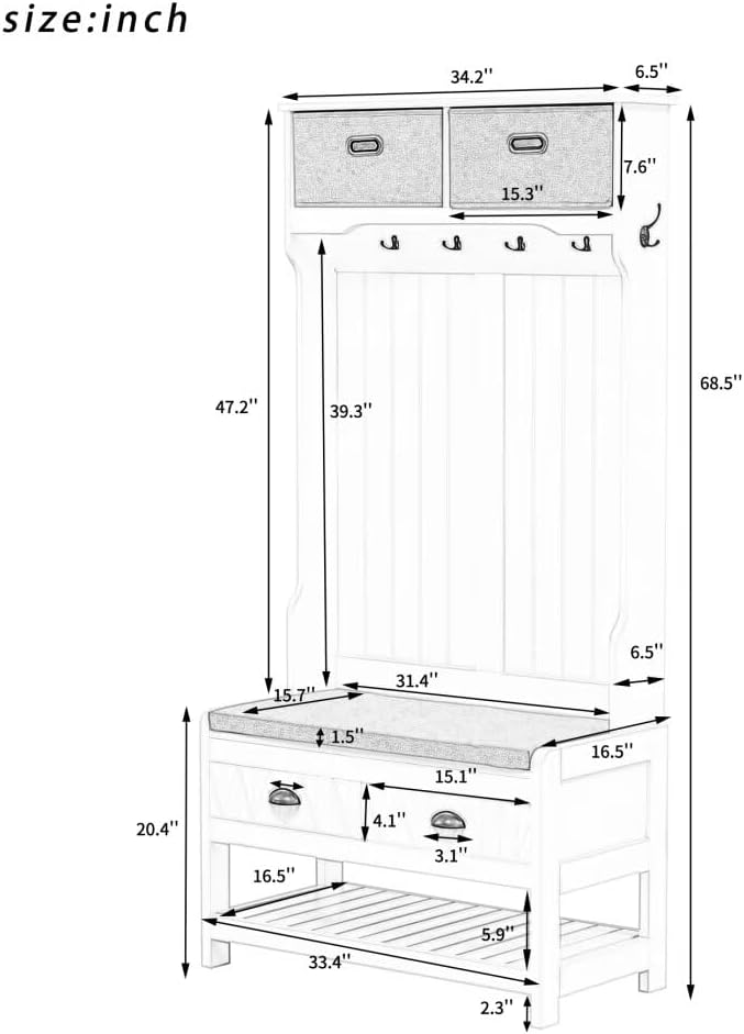 68.9" H Hall Tree with 6 Hooks and Hinged Lid, Coat Hanger, Entryway Bench, Storage Bench, 3-in-1 Design, 69INCH, for Entrance, Hallway,Brown