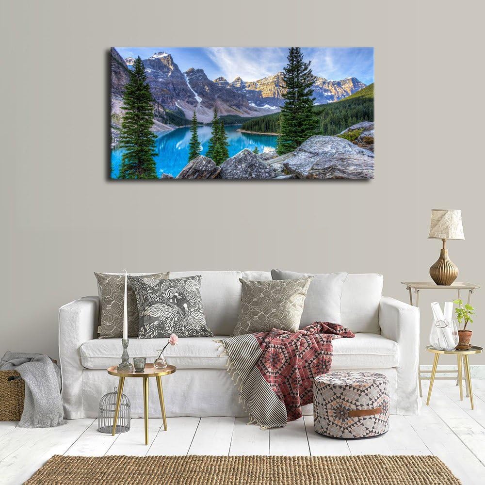 Canvas Wall Art Mountain and Lake Nature Picture Paintings - Long Canvas Artwork Moraine Lake Glacially Fed Lake in Banff National Park Panoramic Contemporary Art for Home Office Wall Decor 20 x 40