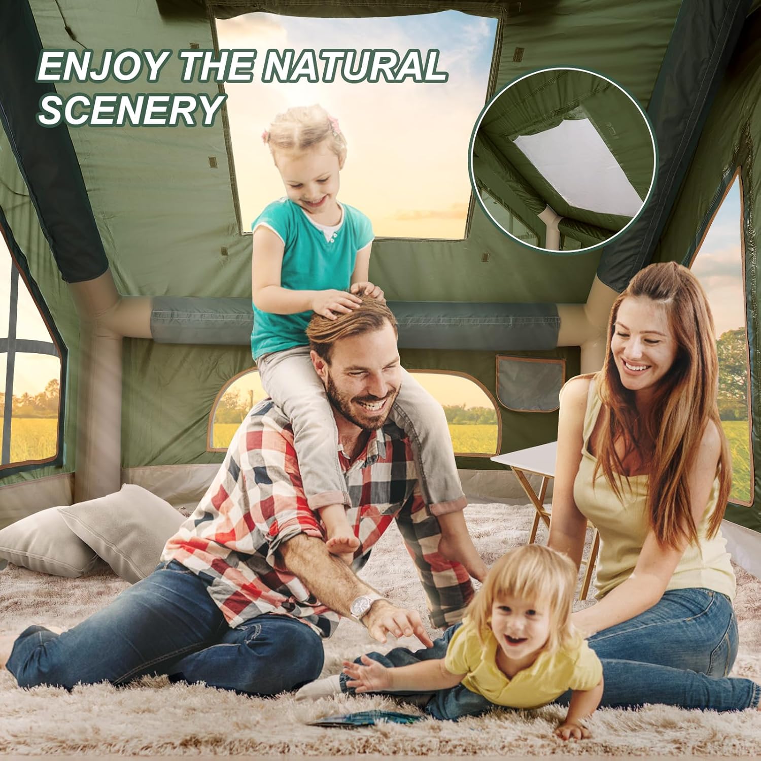 Inflatable Camping Tent with Pump and Stove Jack, 4-6 Person Inflatable Tent for Camping, Easy Setup Waterproof Inflatable House Tent with Mosquito Screen