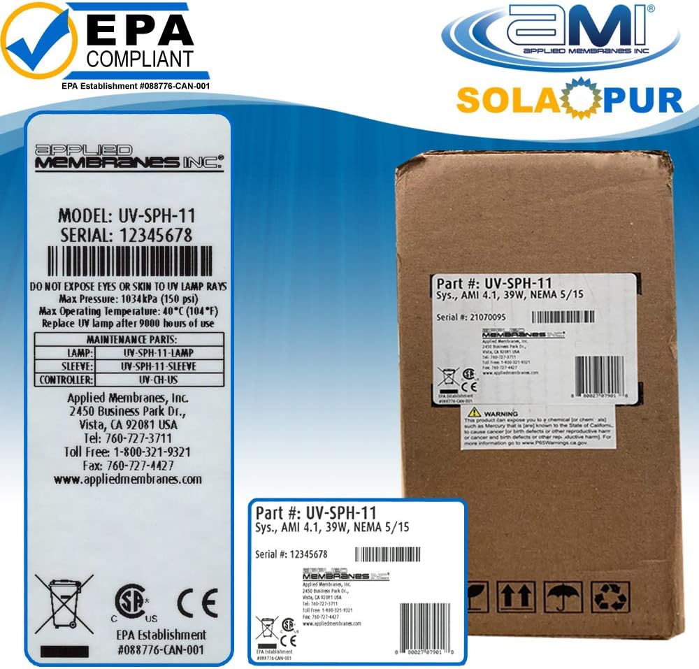 APPLIED MEMBRANES INC. Solapur Whole House Ultraviolet Water Purifier UV Sterilizer for Point of Entry Drinking Water Purification | 11 GPM | Helios Series UV-SPH-11