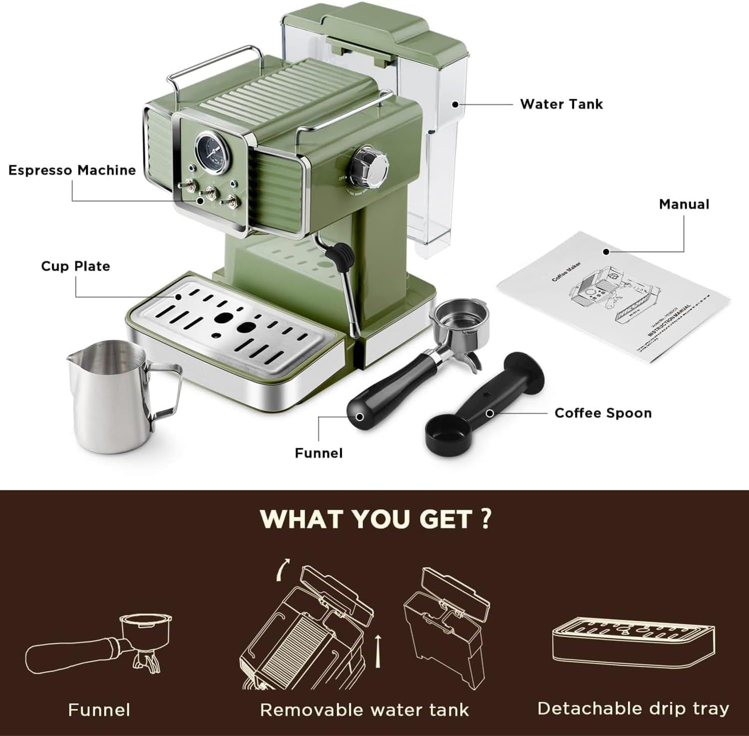Simple Deluxe 15 Bar Espresso Coffee Machine with Milk Frother Steam Wand, 1350W Professional Coffee Maker, 54 Oz Removable Water Tank Espresso Maker, For Home Barista