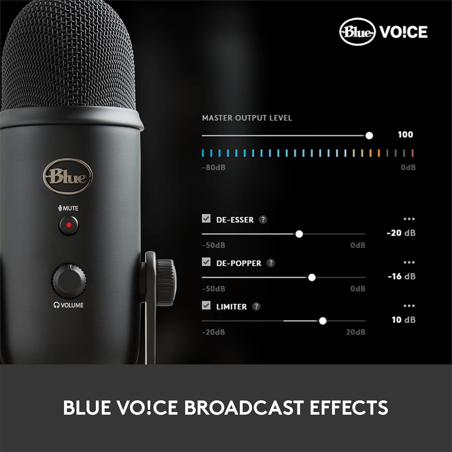 Blue Yeticaster Professional Broadcast Bundle with Yeti USB Microphone, Radius III Shockmount, Compass Boom Arm and Blue VO!CE Effects for Recording, Streaming, Gaming, Podcasting - Blackout