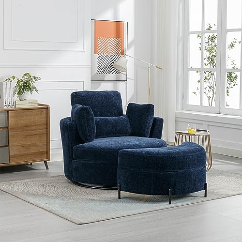 42.2" W Swivel Accent Barrel Chair and Half with Chenille Upholstered Half Crescent Moon Storage Bench Large Ottoman,Suitable for Living Room,Bedroom,Office and Other Places,Beige Combo