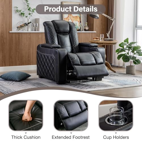 Electric Power Recliner Chair with Adjustable Headrest, Faux Leather Home Theater Seating Chairs with Ambient Lighting, Hidden Arm Storage, USB Ports, Cup Holders, for Movie & Media Room, Brown