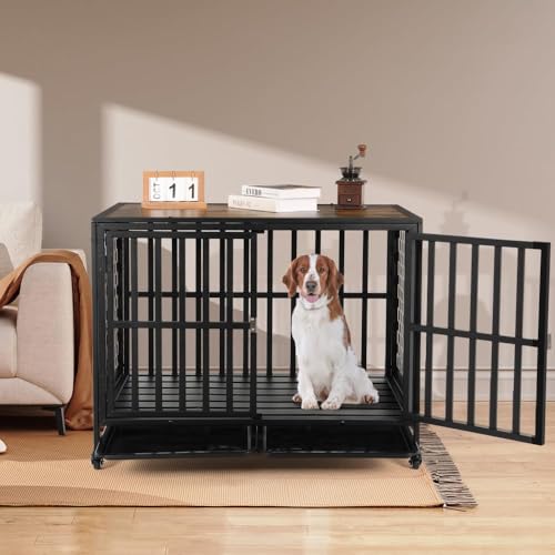 LUCKUP Heavy Duty Dog Crate Furniture for Medium and Large Dogs, Dog Kennel Indoor Dog Cage end Table, Wooden Metal Pet House with Trays, Lockable Wheels 42inch Black
