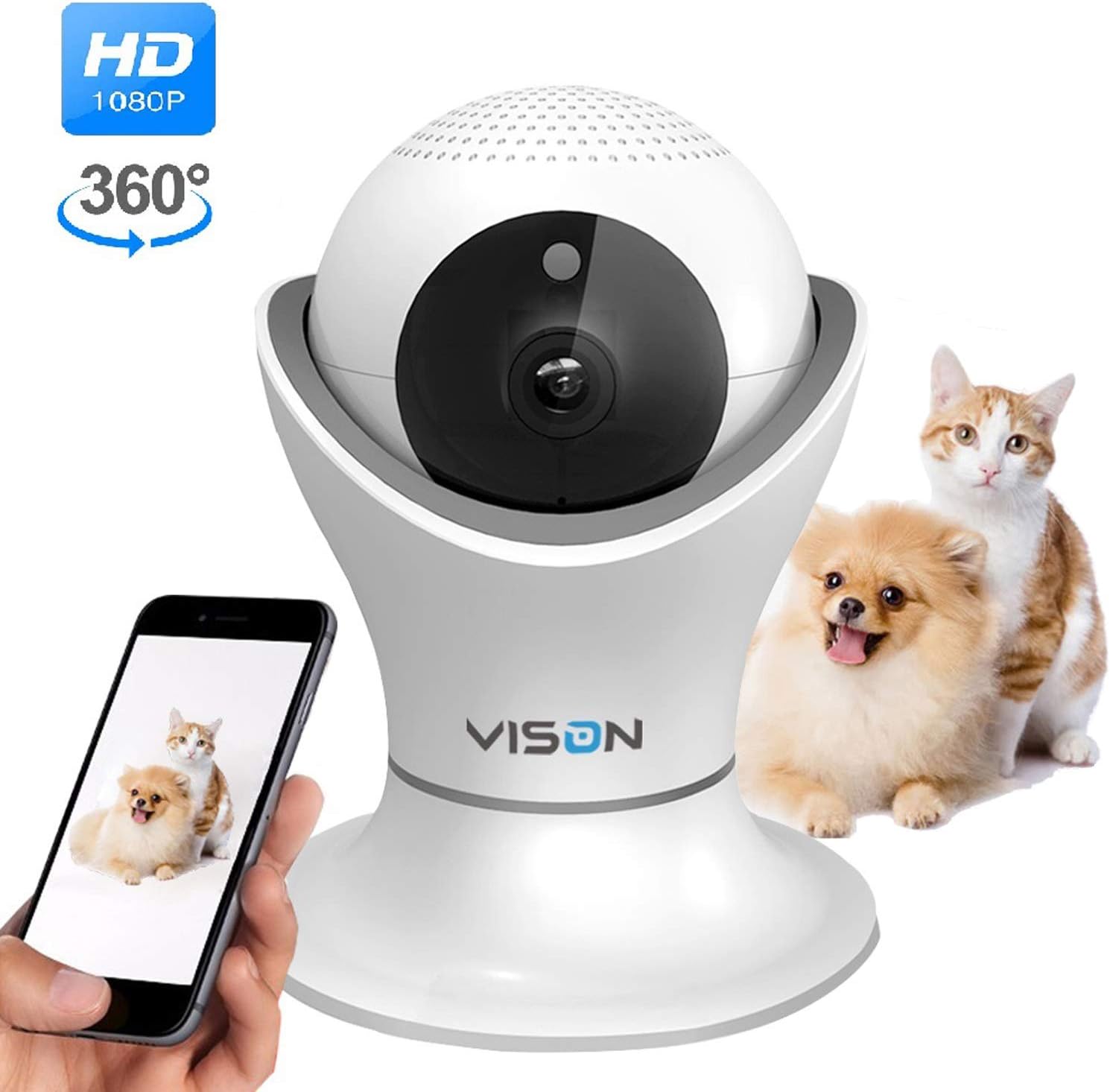 HD 1080p Pet Camera，Dog Camera 360° Pet Monitor Indoor Cat Camera with Night Vision and Two Way Audio