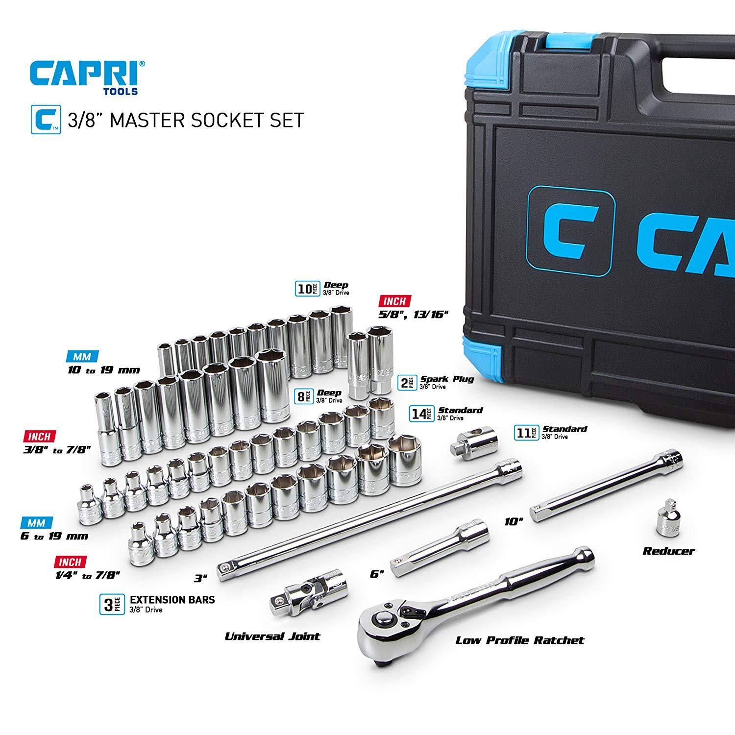 Capri Tools 3/8-Inch Drive Master Socket Set with Ratchets, Adapters and Extensions, 52-Piece
