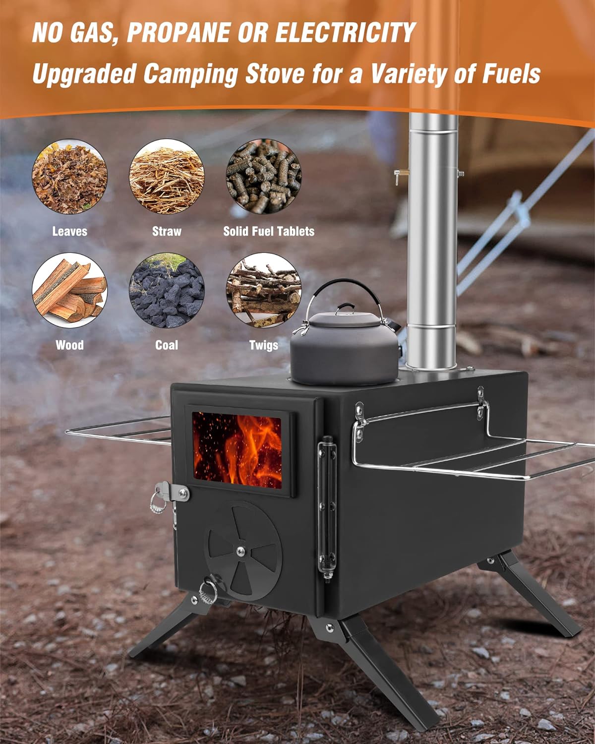 Wood Burning Stove for Hot Tents, Camping Stove with Chimney Pipes for Tents, Shelter, Outdoor Portable Wood Stove for Cooking and Heating