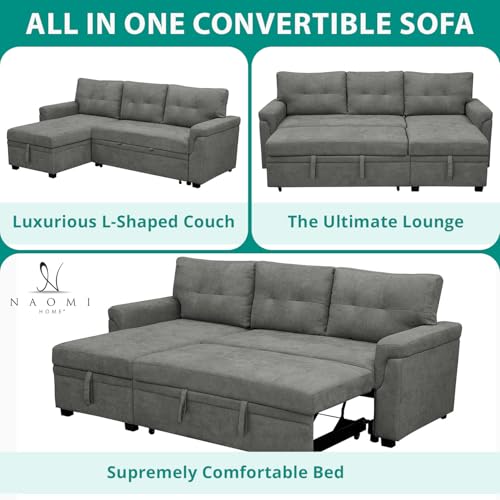 Naomi Home Jenny Sectional Sofa Sleeper with Storage Chaise, Tufted Pull Out Couch with Storage, L-Shaped Reversible Sleeper Sofa with Storage, Black,Air Leather