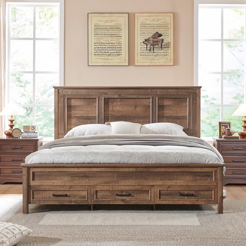 Farmhouse King Size Bed Frame with 52" Tall Full Panel Headboard, Wood Platform Bedframe with Footboard and Storage Drawers, No Squeak, No Box Spring Needed, Antique Brown