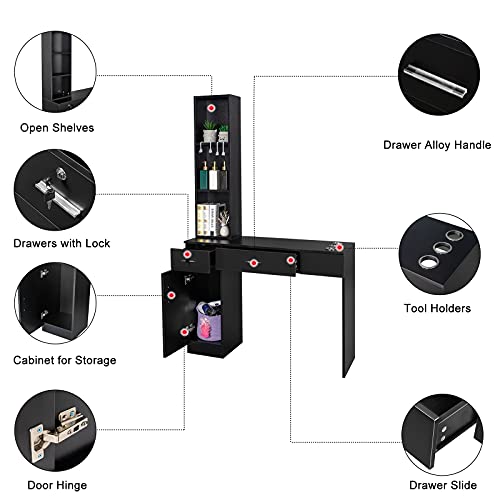 Barber Station Wall Mount Salon Hair Styling Beauty Spa Equipment w/Mirror, 2 Drawers, 1 Storage Cabinet, 3 Open Shelves (Black)