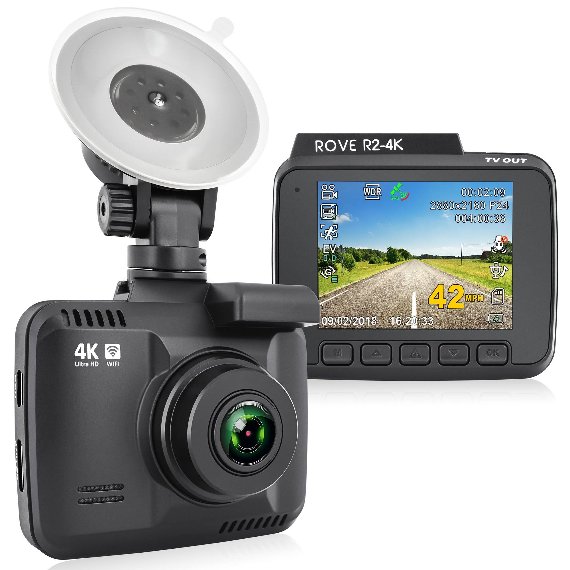 Rove R2-4K Car Dash Cam - 4K Ultra HD 2160p - Built-In WiFi u0026 GPS, PA