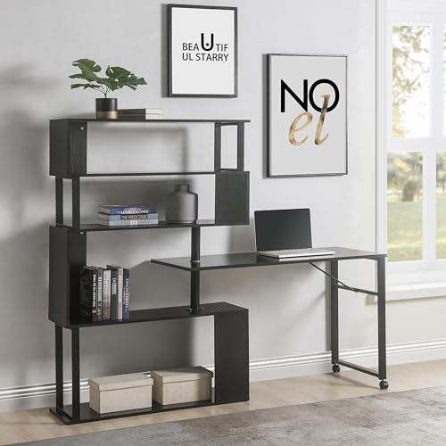 L Shaped Computer Desk Corner Table, Rotating with Bookshelf for Home Office, Lockable Casters, Modern Design, MDF and Steel Frame, Compact Desk, Easy Assembly (Brown)