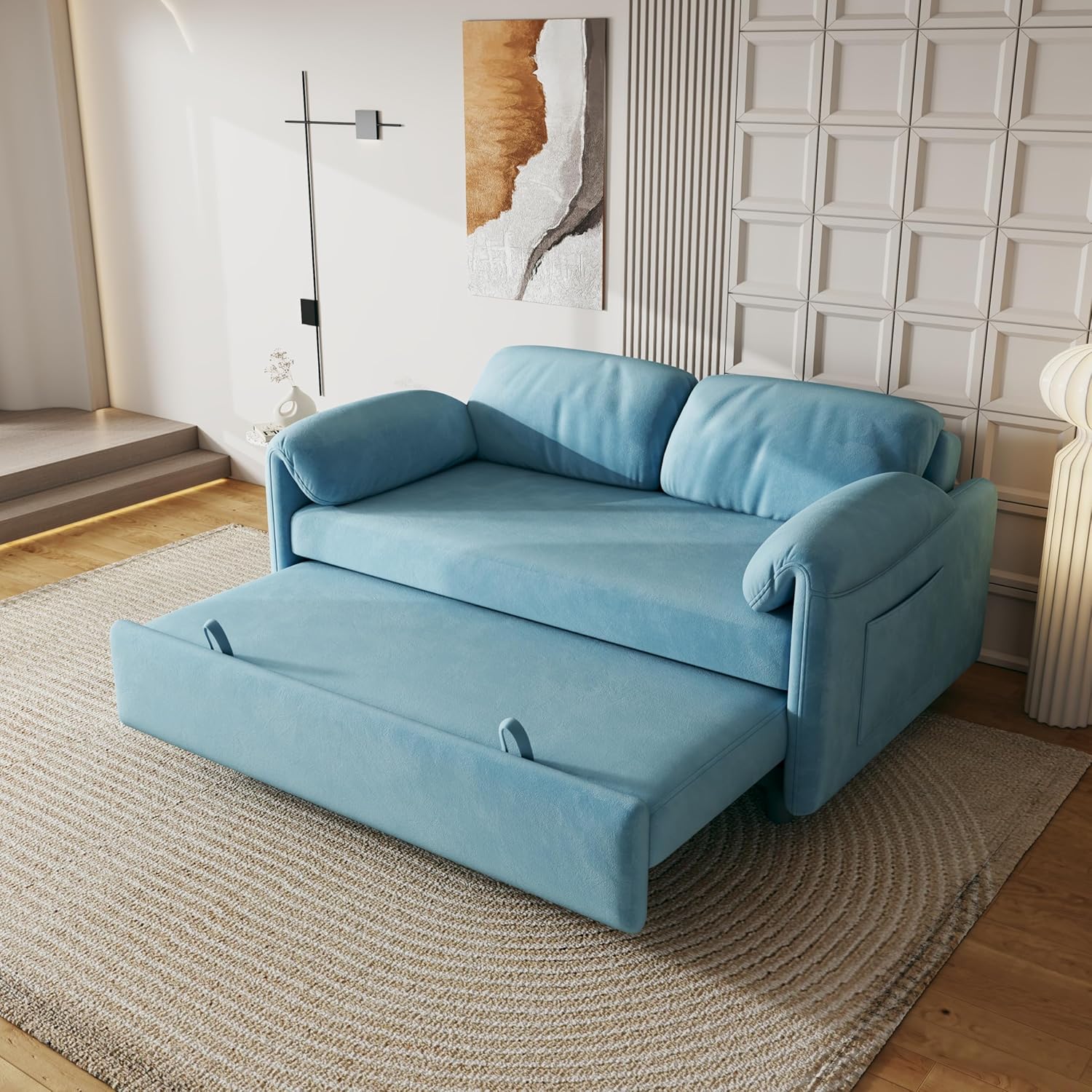 Convertible Sleeper Sofa with Pullout Bed, Upholstered Velvet Mini Couch w/Adjsutable Backrest & Side Pockets, 54" W Modern Sofa&Couches Futon Loveseat Single Recliner for Small Space, Blue