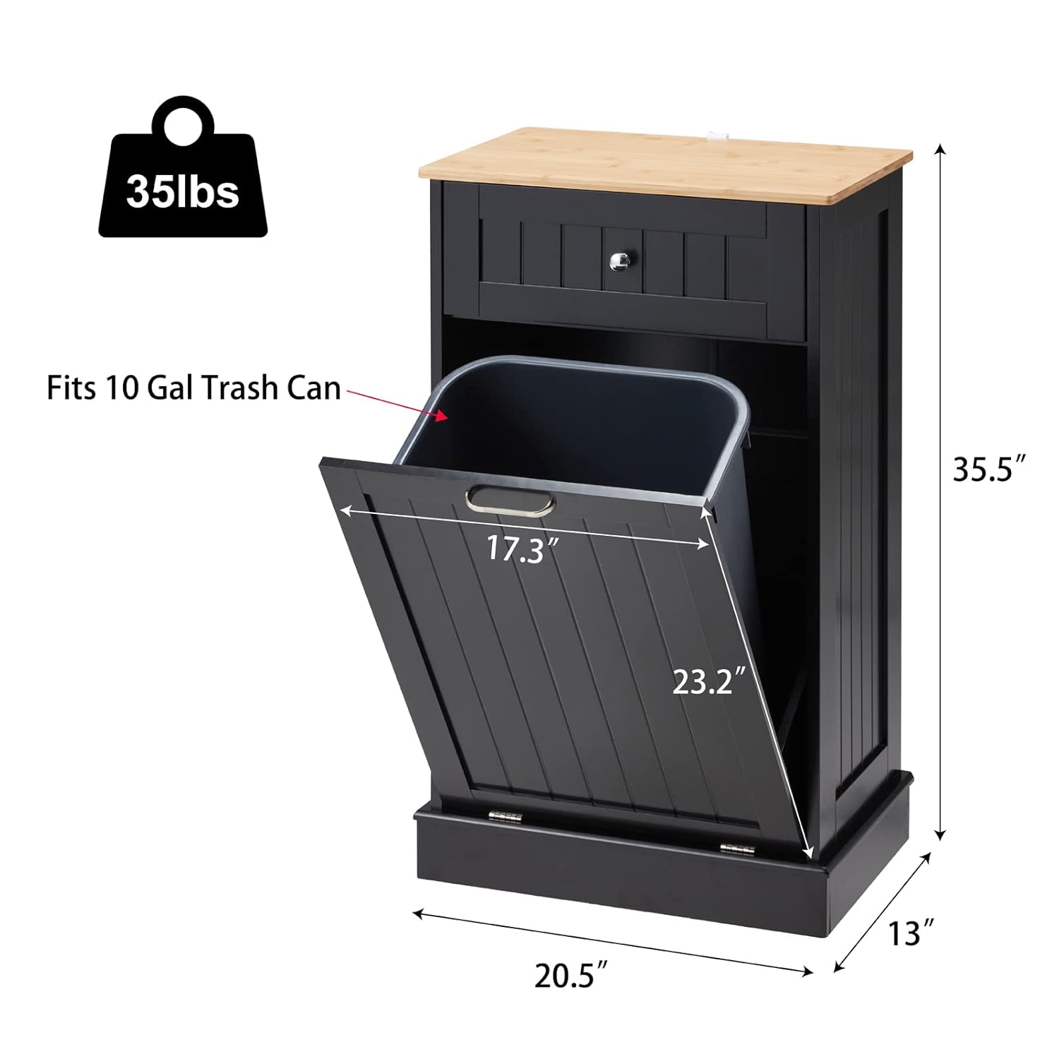 Tilt Out Trash Can Cabinet 10 Gallon, Kitchen Freestanding Wood Recycling Trash Cabinet with Drawer & Cutting Board, Pet Proof Hidden Garbage Bin Holder for Home Laundry Bathroom, Black
