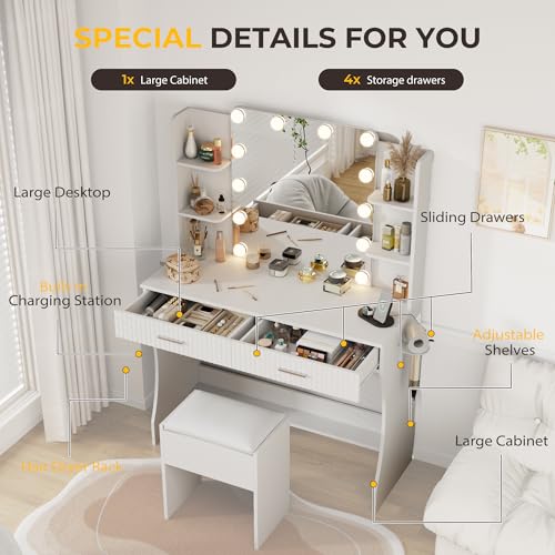 Vanity Desk with LED Lighted Mirror, Makeup Vanity with 3 Adjustable Lights, 2 Large Drawers and 4 Open Shelves, White Vanity with Storage Stool for Bedroom