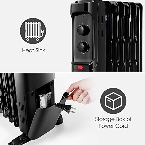 GOFLAME 1500W Oil Filled Radiator Heater, Electric Space Heater with 3 Heating Modes, Adjustable Thermostat, Tip-Over & Overheat Protection, Powerful Oil Heater for Home and Office