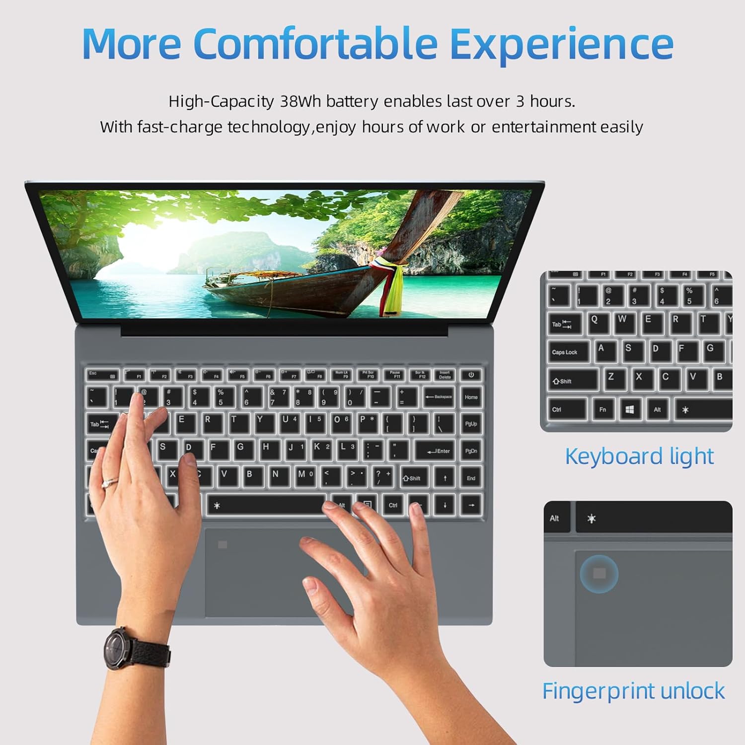 Morostron 13.5" Touch Screen Laptop, Win11 Laptop Computer with N5095, 16GB RAM 256GB SSD, 3000x2000 FHD, Backlit Keyboard, Touch ID, WiFi, USB3.0 * 2, Bluetooth 4.2, HDMI, 38WH Battery, Gray