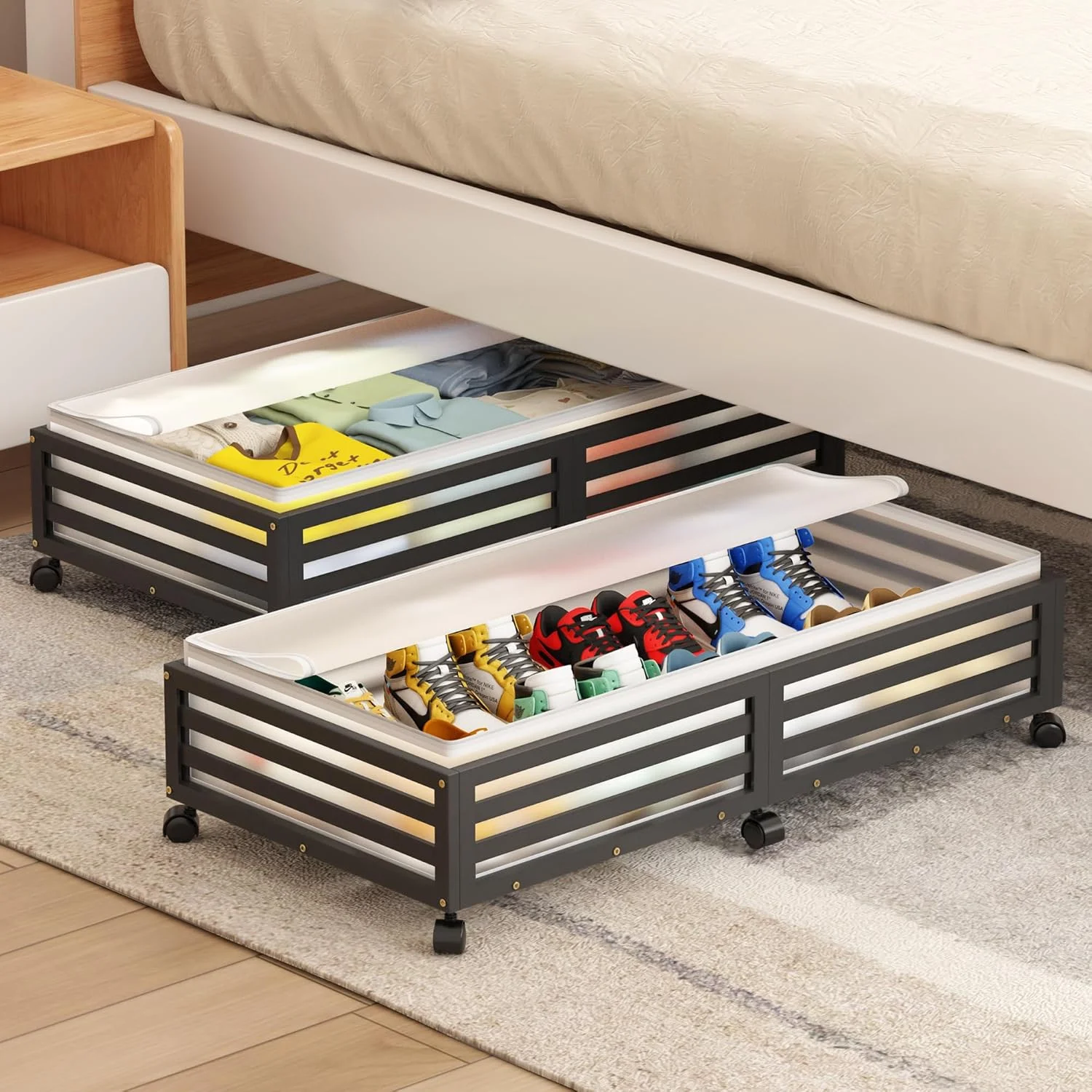 Under Bed Storage Containers With Wheels - 2 Pcs Bamboo Wood Rolling Underbed Shoe Storage Bins With Dust Bags for Clothes Blankets, Duvet Covers Snacks Toys (Walnut)