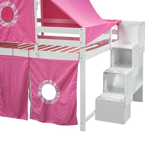 House Full Loft Bed with Slide,Storage Stairs and Tent, Wood Kids Loft Bunk Bed with Tower and Ladders, Playhouse Full Bed Frame for Kids, Teens, Boys & Girls (Full, Dark Blue)