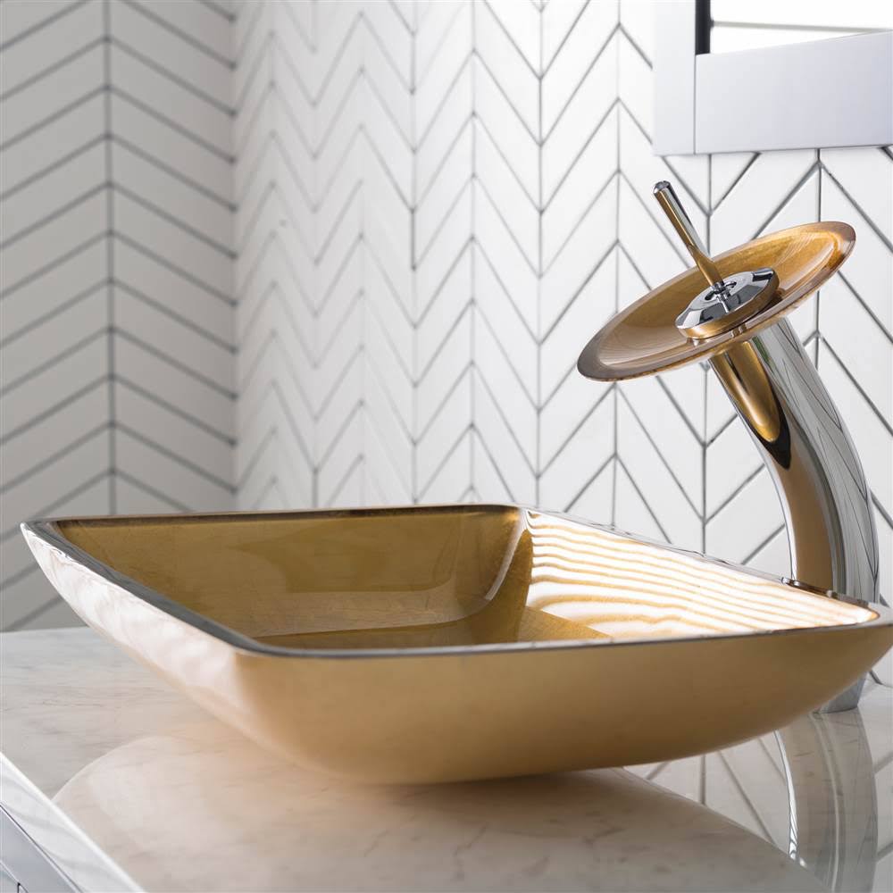 Kraus Golden Pearl Rectangular Glass Vessel Sink and Waterfall Faucet - Satin Nickel