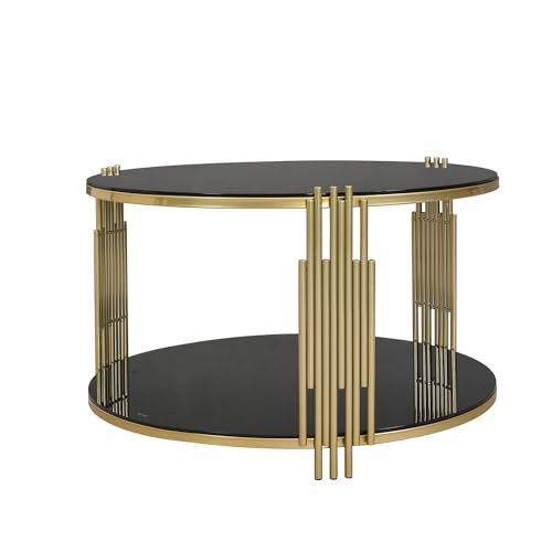 LUMISOL Round Mirror Coffee Table with Tempered Glass Tabletop and Circular Metal Drum Base, 31.5" Cocktail Table with Asymmetrical Metal Tubing, Black
