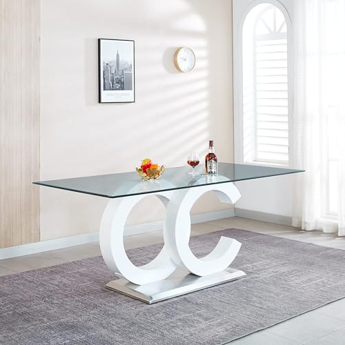 70 inch Glass Dining Table for 8, Modern Clear Tempered Glass Dining Room Table with Golden Stainless Steel Pedestal, Large Rectangular Glass Kitchen Table for Dining Room Dinner Office