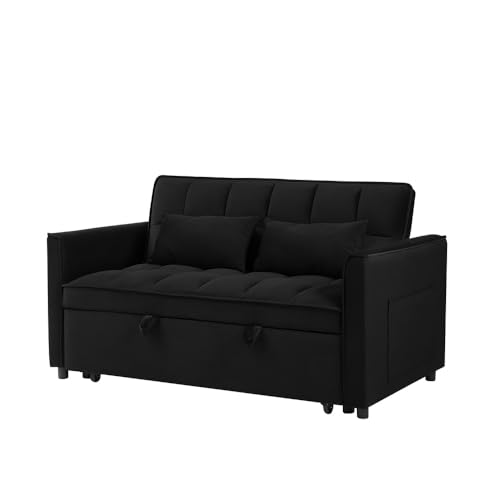 Sofa Bed,3 in 1 Convertible Sofa Bed, Modern Velvet Single Double Sofa, Adjustable Back, Storage Bag and Pillow Sofa Bed, Suitable for Living Room, Bedroom (Blue, Double)