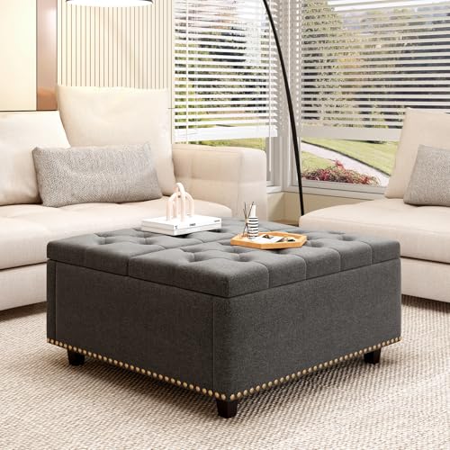 Large Square Storage Ottoman Coffee Table, 32'' Oversized Square Ottoman with Storage, Linen Upholstered Storage Ottomans with Lift Top & Nailhead Trim for Living Room, Light Grey
