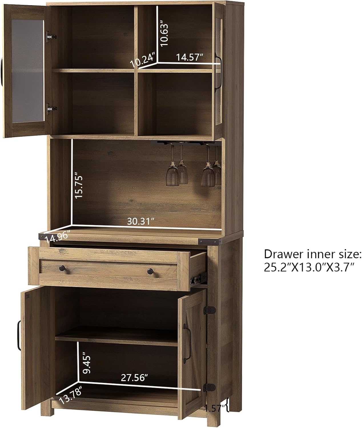 Farmhouse Bar Cabinet,Wooden Tall Wine Rack Kitchen Hutch Storage Cabinet Buffet Sideboard Cabinet Double Barn Door Accent Bar Cabinet with Goblet Holder for Home Kitchen,Dining Room