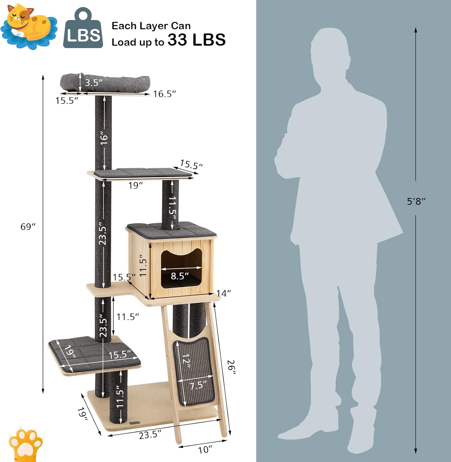 PETSITE 69" Tall Wooden Cat Tree Tower, Modern Cat Activity Center Tree with Sisal Posts & Scratch Board, Condo & Top Perch for Kitchen & Large Cat, Grey