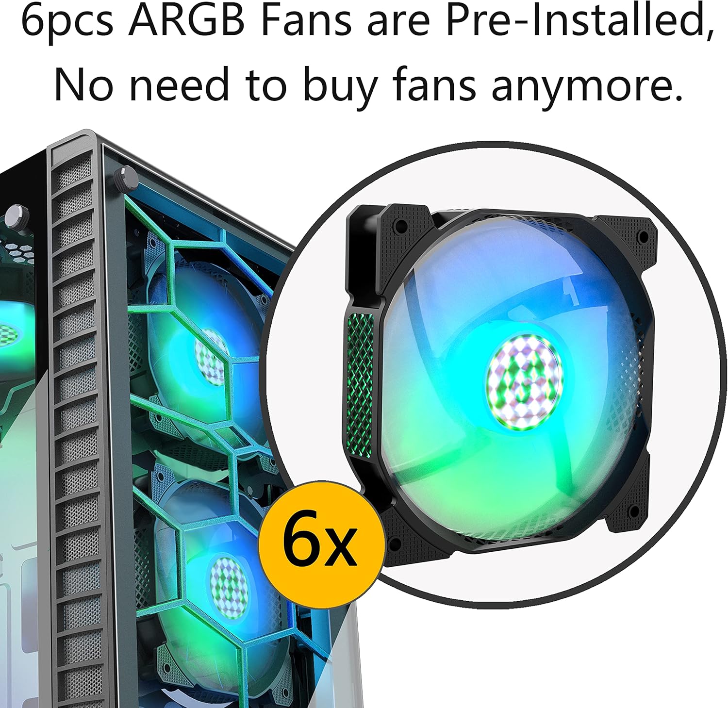 MUSETEX 6pcs ARGB Fans Pre-Installed, USB 3.0 Tempered Glass ATX Mid-Tower Chassis Gaming PC Case Cable Management/Airflow Gaming Style ATX/Micro ATX/ITX Computer Case 2021 Released (Black,G06N6)