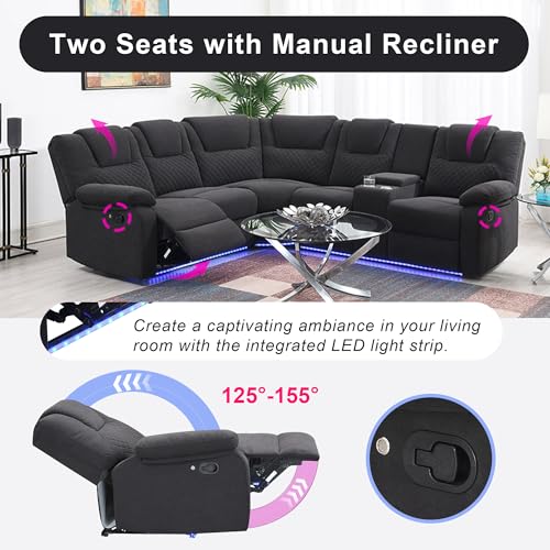 94'' L-Shaped Couch Sectional Sofa Couch, Manual Power Reclining Sectional Couch with LED Light and Storage Box, Velvet Triple Reclining Sofa with Two Cup Holders, Couches for for Living Room