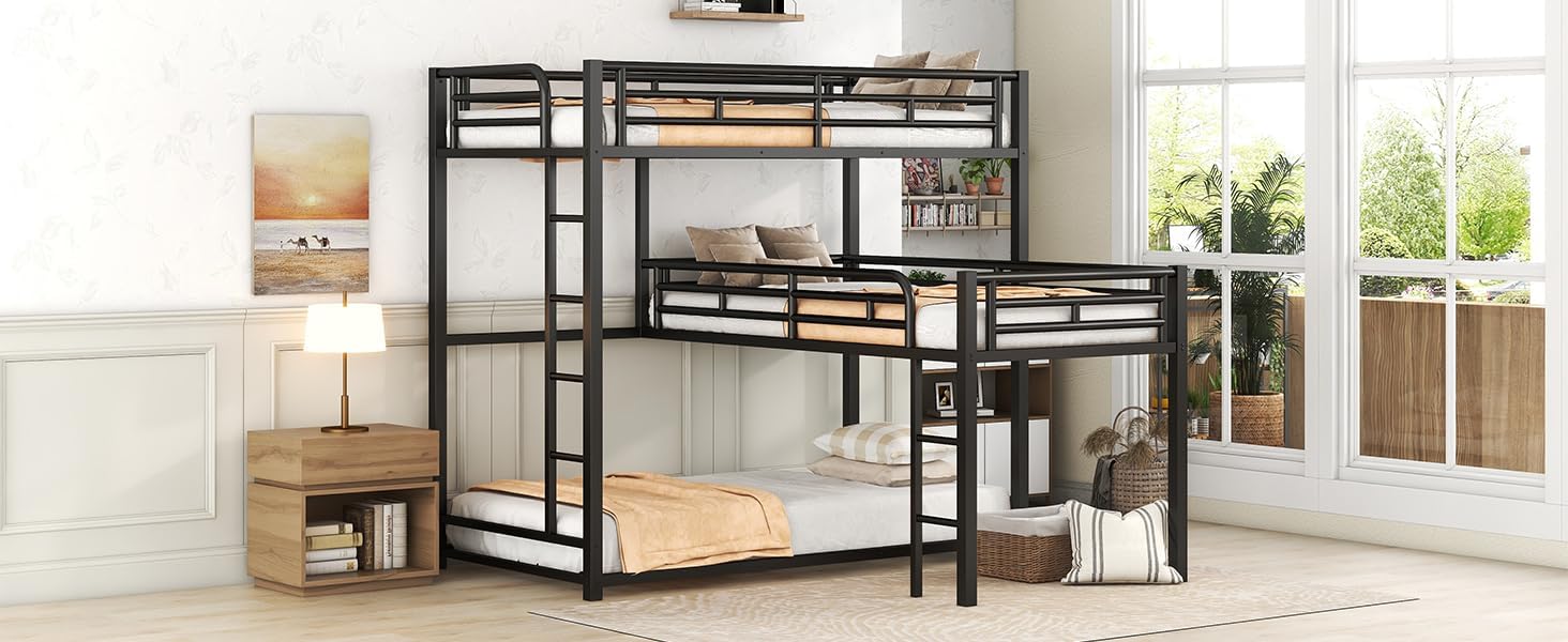 L-Shaped Triple Bunk Bed, Heavy Duty Metal Twin Size Bunk Bed with Ladder and High Guardrail, Triple Bunk Bed for 3 Kids Teens Adults, Space Saving, No Box Spring Needed, Black
