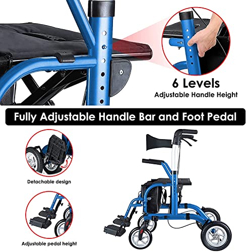 2 in 1 Rollator Walker for Seniors-Medical Walker with Seat,Folding Transport Wheelchair Rollator with 10" Big PU Rear Wheels,Reversible Soft Backrest and Detachable Footrests Blue