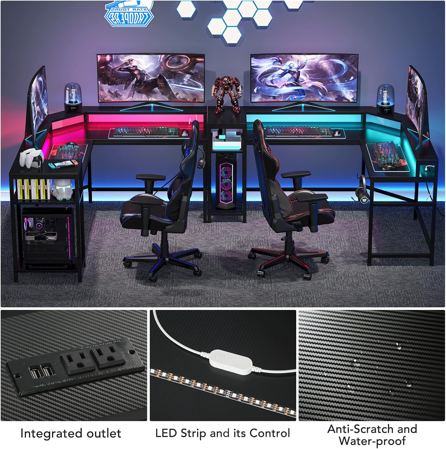 L Shaped Gaming Desk: Computer Desk with Power Outlet & LED Stripe, Modern Coner L Desk with Storage Shelves for Home Office - Black