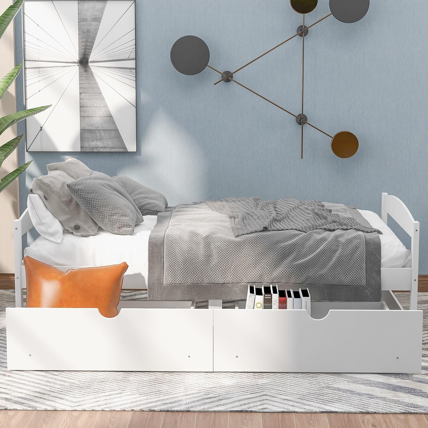 Twin Size Daybed with 2 Drawers, Wood Storage Bed Frame Twin Size Platform Bed Frame with Storage Solid Pinewood Bedframe with Drawers No Box Spring Needed White