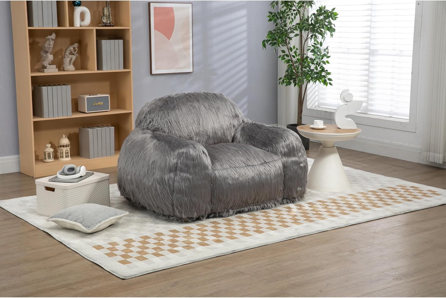 Modern Bean Bag Chair Sofa Lazy Grey Long Hair Single Living Room Focus Fireside Chevron Lake House Contemporary Solid Foam Microfiber