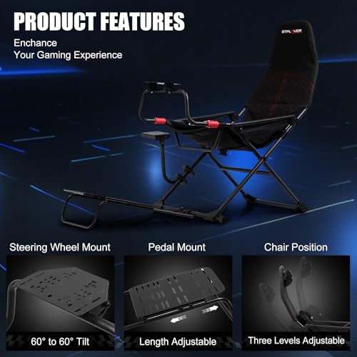 GTPLAYER Sim Racing Cockpit Foldable & Adjustable for High Performance Sim Racing Compact & Flexible Supports All Steering Wheels & Pedals for PC Wheel and Pedals Not Included(Black)