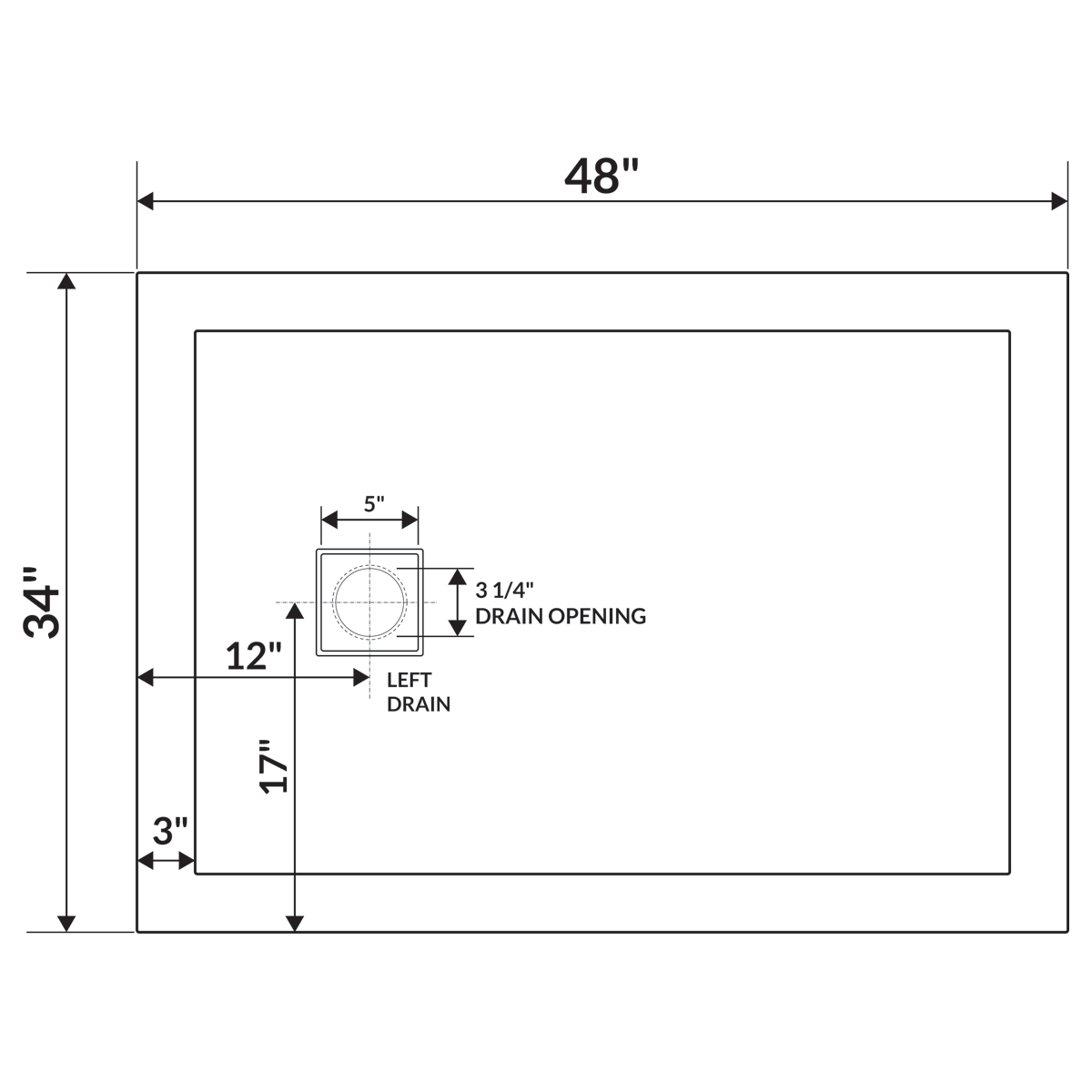 LessCare 48 x 34 Single/Double Threshold Shower Base Pan Right/Left Drain, White