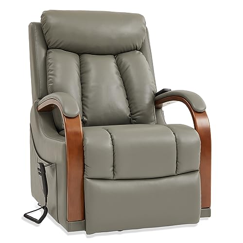 Irene House 9185 Petite Lift Chair Recliner for Elderly with Heat and Massage Dual Motor Power Sofa with Wooden Armrests and 2 Side Pockets(Faux Leather Beige)
