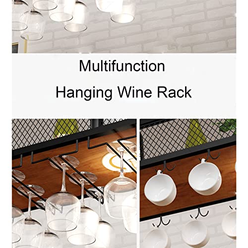 Hanging Wine Rack - Ceiling Wine Bottle Rack, Upside Down Wine Glass Holder, 1-layer Wrought Iron Shelving, Modern Wooden Wall Shelf, Plant Stand In The Corner Of The Living Room, Can Bear 50KG Full