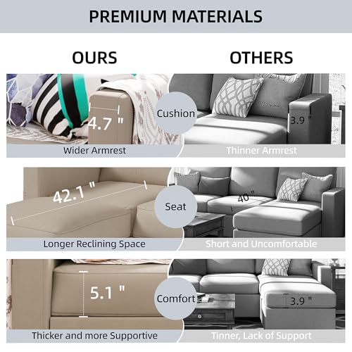 Shintenchi Upholstered Convertible Sectional Sofa for Living Room, 3 Seat L Shaped Couches with Storage Function Ottoman, Modern Linen Convertible Sofas with Reversible Chaise