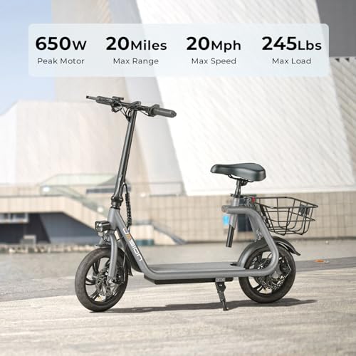Jasion JS3/PRO Electric Scooter with Seat, 650/850W Peak Motor Electric Scooter Adults, 20/25Miles Ranges Sports Scooter for Adults, 20/25MPH Max Speed, Foldable E-Scooter for Pets, Disc Brakes
