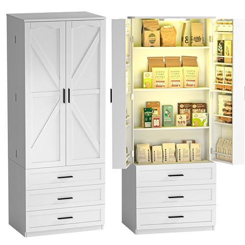 72" LED Kitchen Pantry Cabinet with 3 Drawers Farmhouse Tall Storage Cabinet Wood Food Pantry with Barn Doors and Adjustable Shelves Versatile Storage Freestanding Cupboard for Kitchen