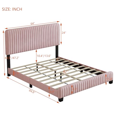 SOFTSEA 3-Piece Queen Bedroom Set, 3 Pieces Furniture Bedroom Sets Include Queen Size Upholstered Platform Bed and 2 Nightstands, Velvet Nightstands with Marbling Worktop and Metal Legs&Handles, Pink