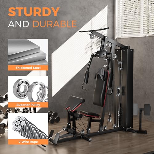 Multifunctional Home Gym Equipment, Workout Station with 150LBS Weight Stack, Full Body Workout Equipment with Pulley System, All in One Workout Machine with Leg Press