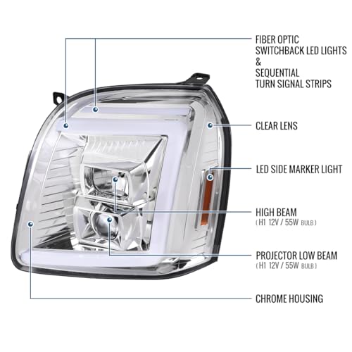 Fits 2007-2014 GMC Yukon XL 1500 2500 Upgraded LED Tube Switchback Sequential Turn Signal Projector Headlights Assembly Pair | Black Smoke