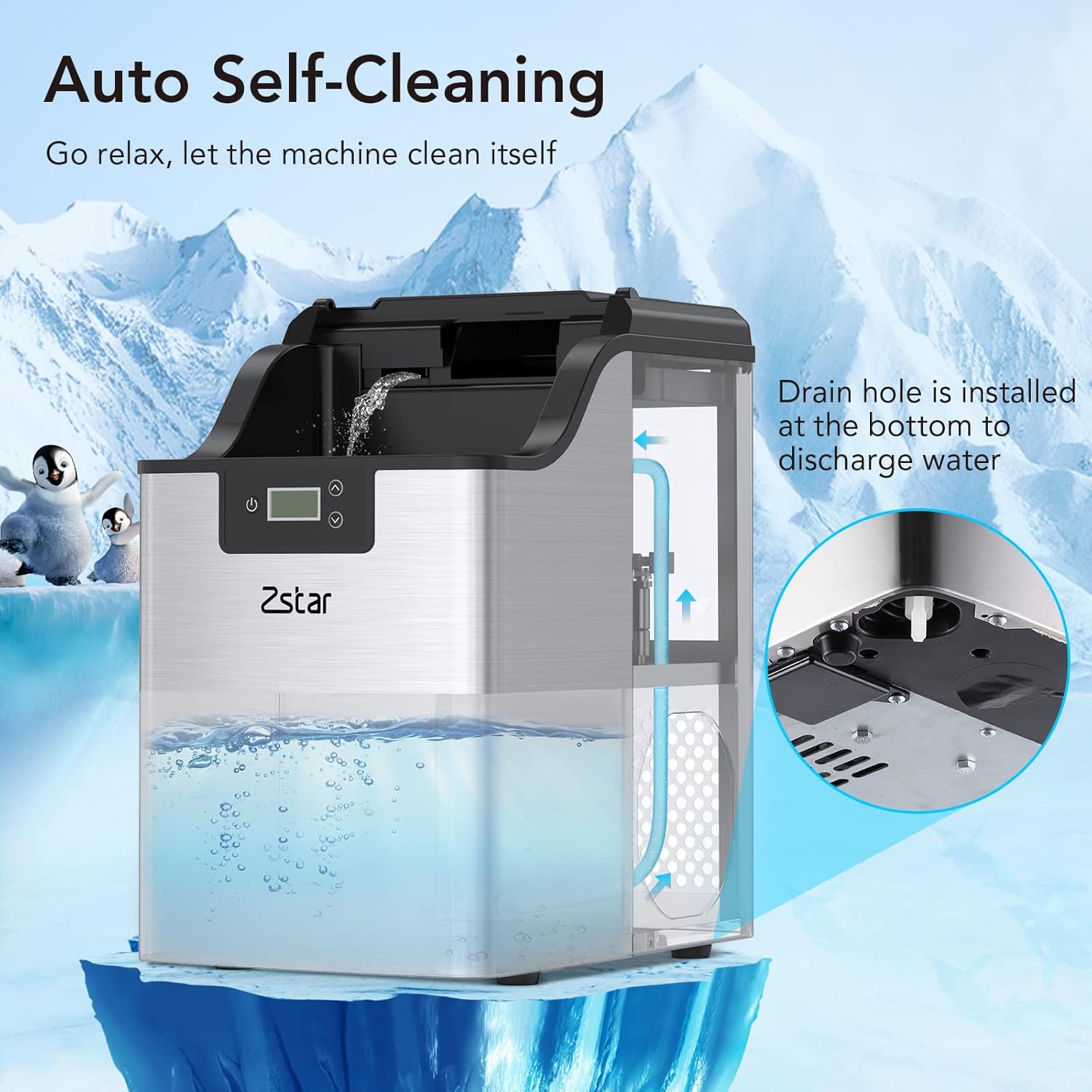 Nugget Ice Maker, Stainless Steel Countertop Ice Machine with 44Lbs/24H Output, Crunchy Sonic Ice Maker Machine, Self-Cleaning Portable Ice Maker with Freestanding Ice Scoop for Home,Office,Bar