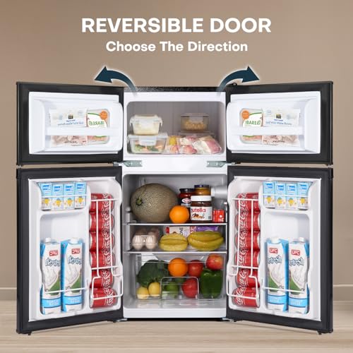Upstreman 3.1 Cu.Ft Mini Fridge with Freezer, Double Door Mini Fridge, Dorm Essentials, Adjustable Thermostat, Energy Saving, Mini Fridge for Office, Dorm, Bedroom, Black